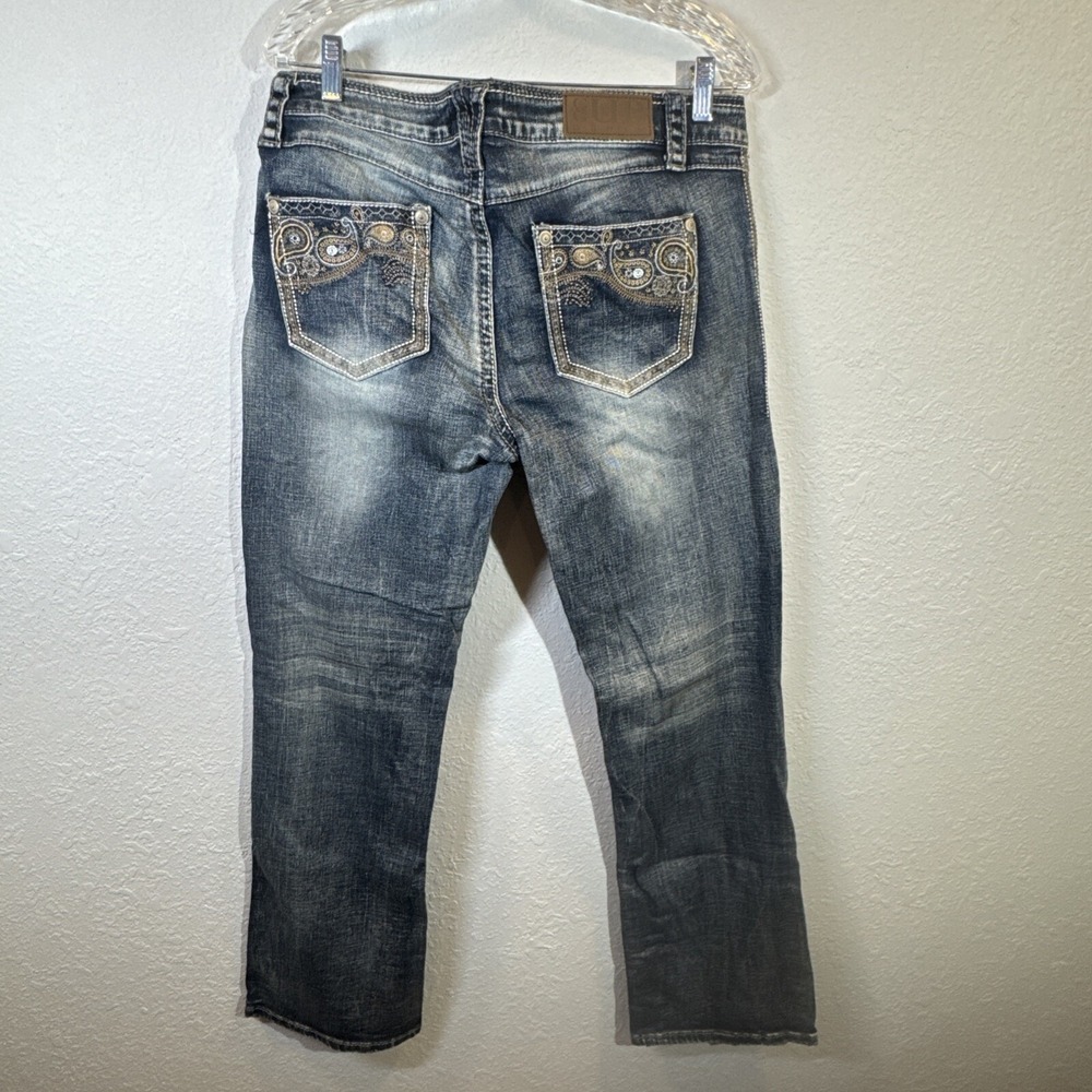 Cowgirl Up Bootcut Jeans Distressed Dark Wash Embroidered Sequins 30x34 - Picture 9 of 16